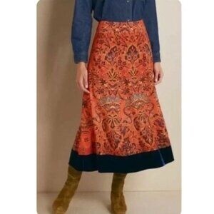 NEW Soft Surroundings Print Skirt Blue Velvet Trim 1X